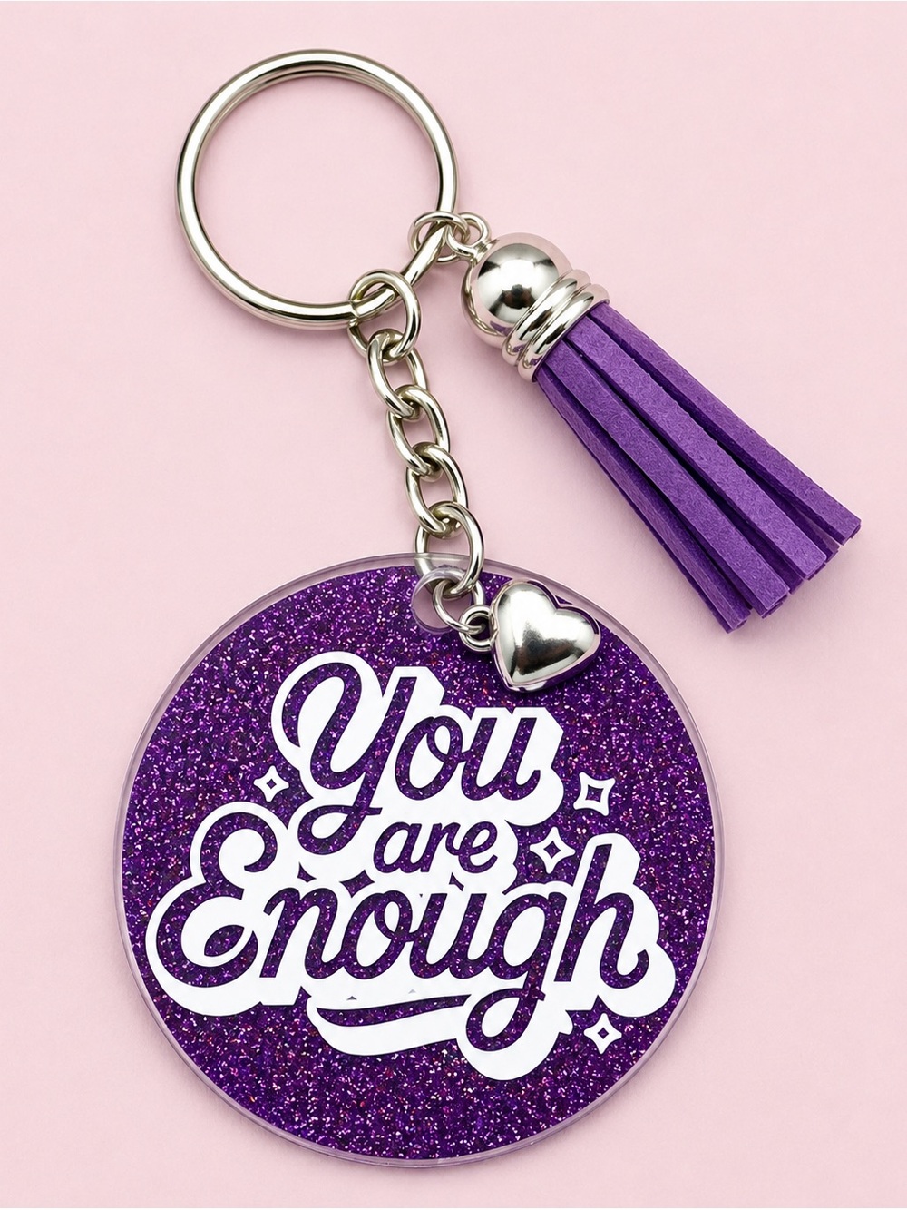 Purple Glitter "You Are Enough" Keychain with Tassel